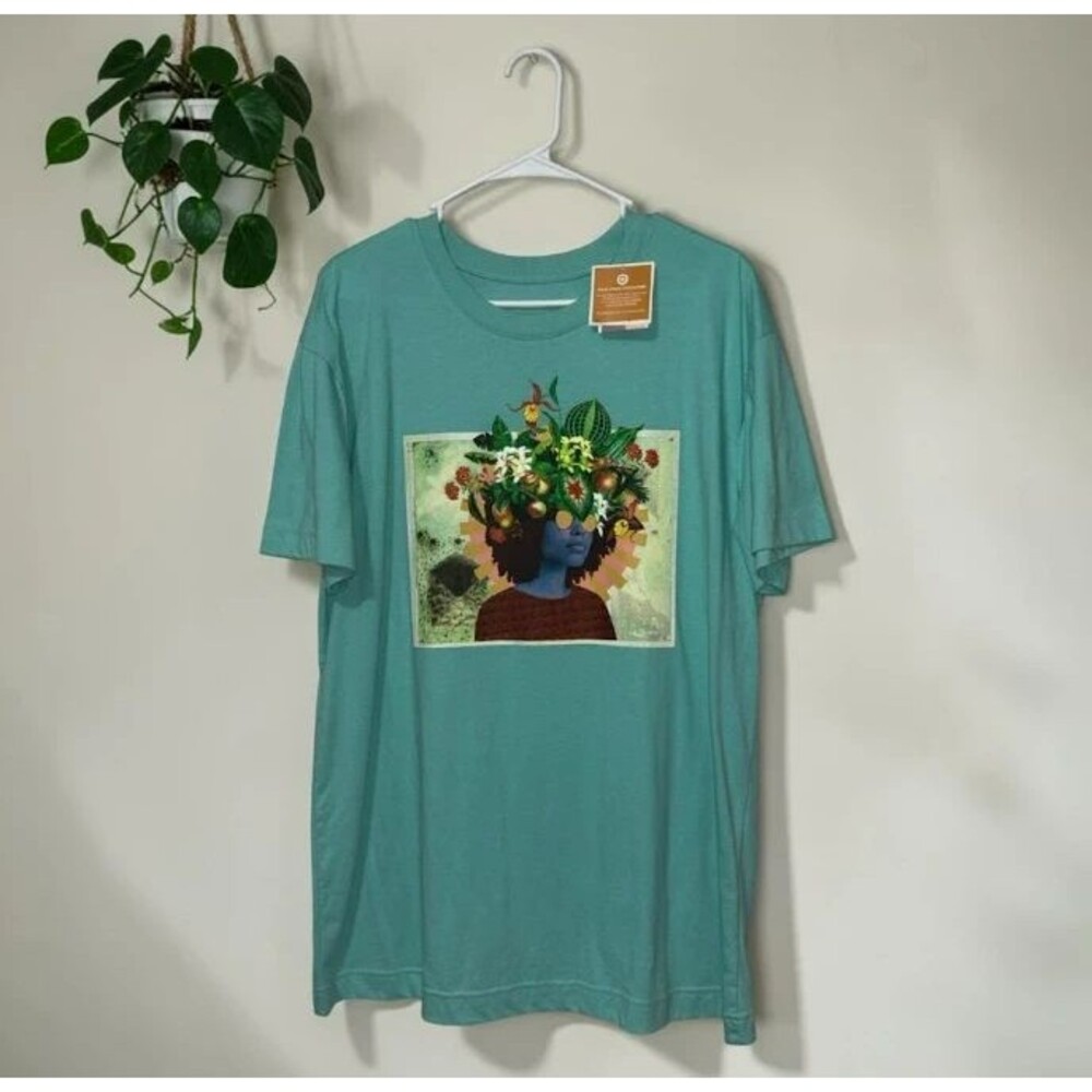 Women’s Graphic T-Shirt Size L Teal 60% Cotton Botanical Art Tee